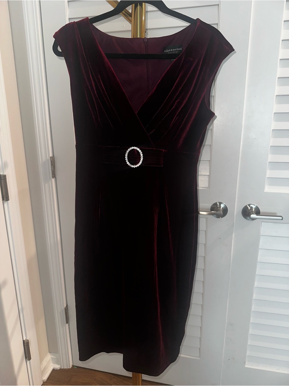 connected apparel Burgundy Velvet Midi Dress with Rhinestone Buckle